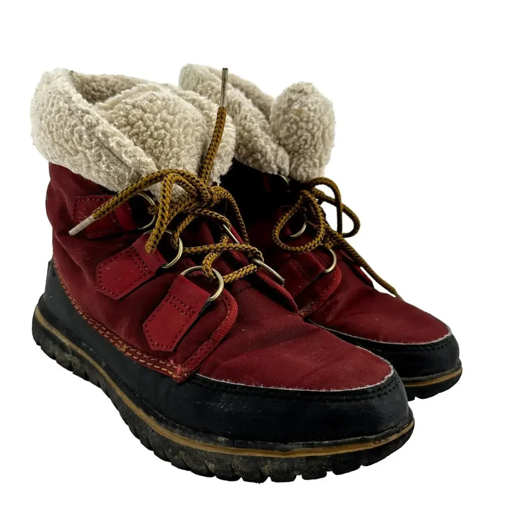 Sorel Explorer Carnival Boot Leather Waterproof Ankle Faux Sherpa Fur EVA Red 6